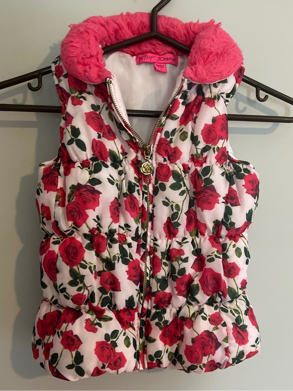 Betsey Johnson Vest with Pink Rose Print and Hot Pink Faux-Fur Collar